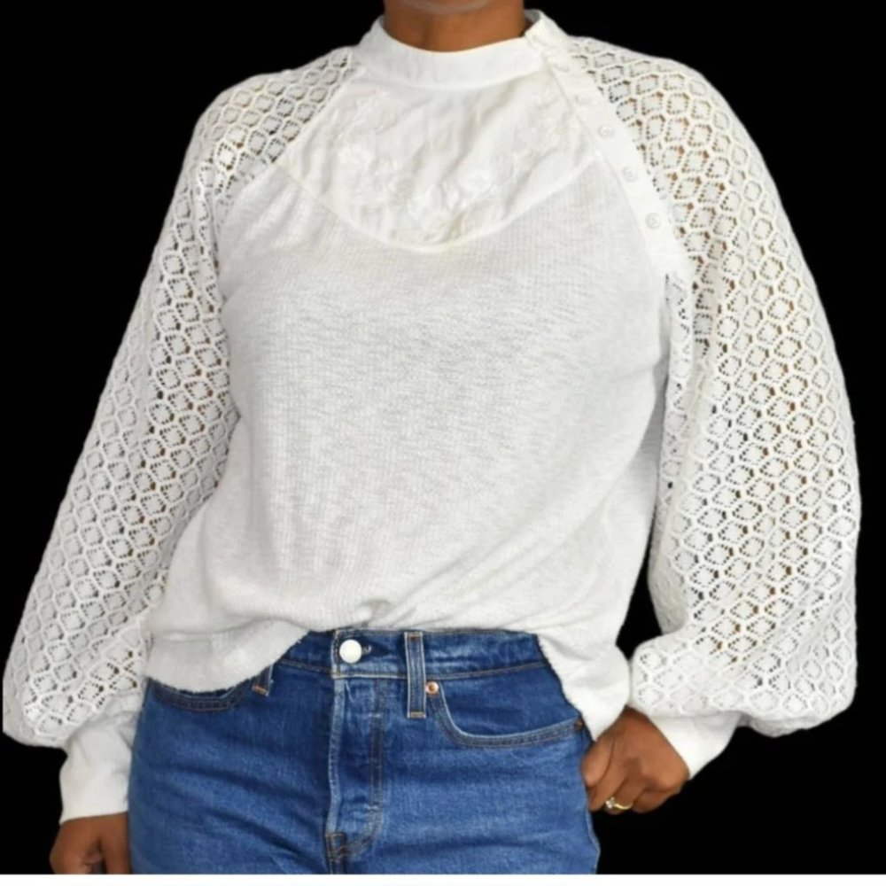 Free People Sweetest Thing Lantern Sleeve White Lace Top Size Small